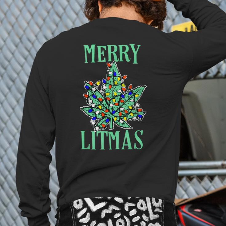 Merry Litmas Pot Leaf Christmas Tree Lights Marijuana Back Print Long Sleeve T-shirt