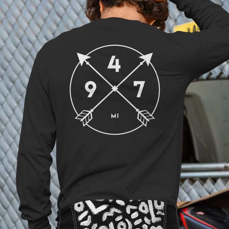 Michigan Area Code 947 State Pride Souvenir Arrow Back Print Long Sleeve T-shirt