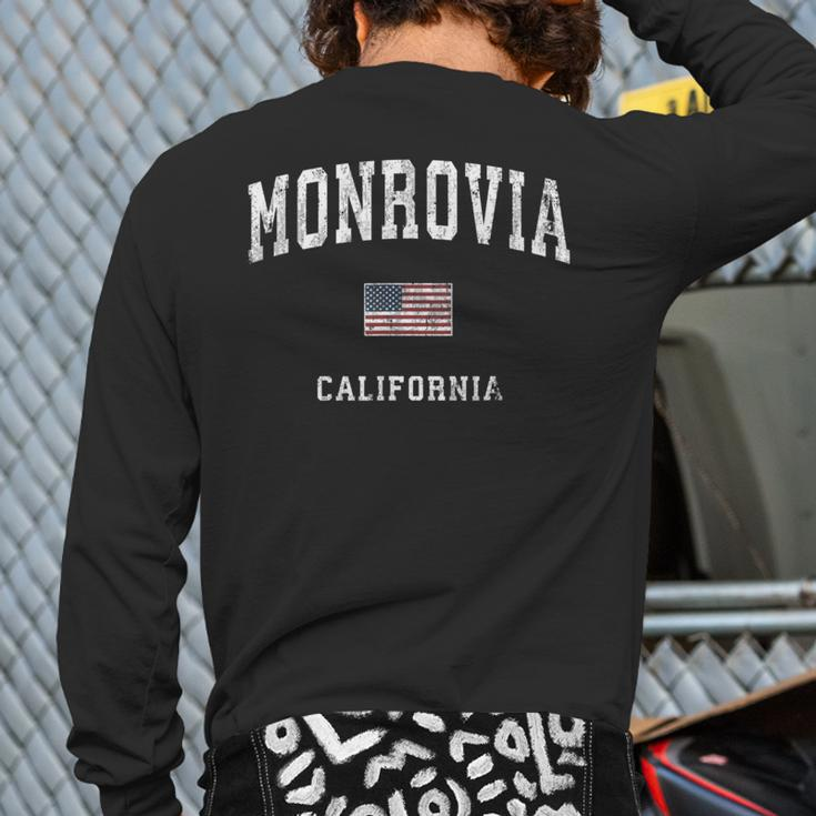 Monrovia California Ca Vintage American Flag Sports Back Print Long Sleeve T-shirt
