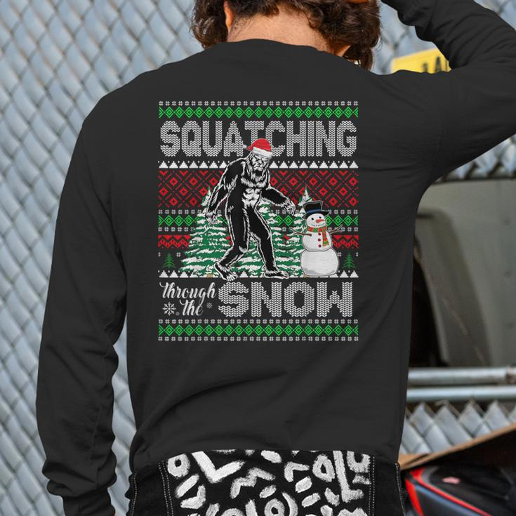 Squatching Through The Snow Bigfoot Ugly Sweater Christmas Back Print Long Sleeve T-shirt