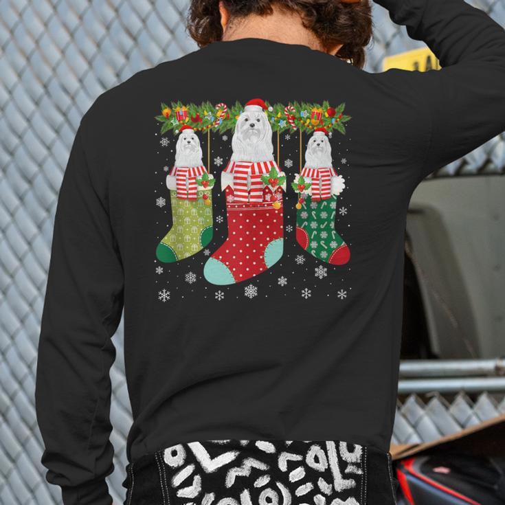 Three Maltese Dog In Socks Ugly Christmas Sweater Party Back Print Long Sleeve T-shirt