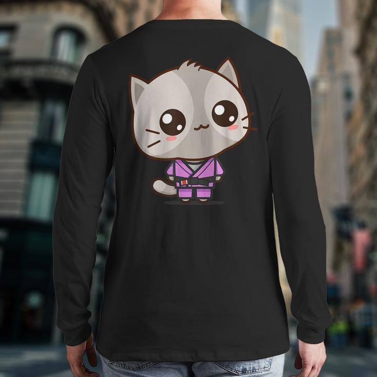 Brazilian Jiu Jitsu Black Belt Combat Sport Cute Kawaii Cat Back Print Long Sleeve T-shirt