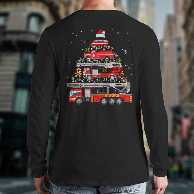 Firefighter Fire Truck Christmas Tree Lights Santa Fireman Back Print Long Sleeve T-shirt