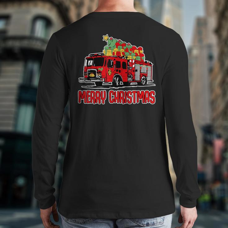 Firetruck Santa Sleigh Fireman Christmas Firefighter Back Print Long Sleeve T-shirt