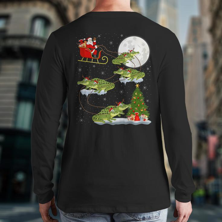 Xmas Lighting Tree Santa Riding Alligator Christmas Back Print Long Sleeve T-shirt