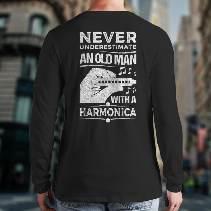 Never Underestimate An Old Man Harmonicist Harmonica Player Back Print Long Sleeve T-shirt