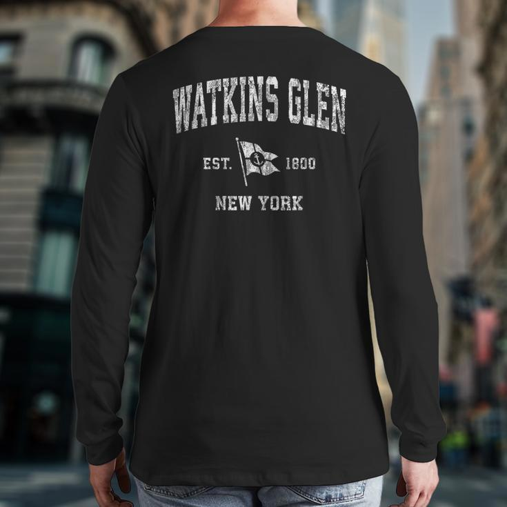 Watkins Glen Ny Vintage Nautical Boat Anchor Flag Sports Back Print Long Sleeve T-shirt
