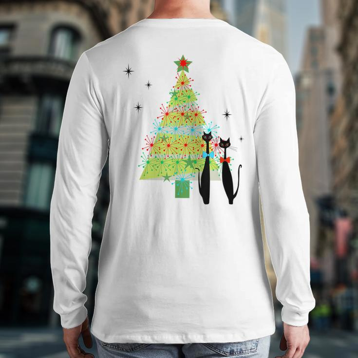 Retro Mid Century Modern Cool Cat Christmas Tree Back Print Long Sleeve T-shirt