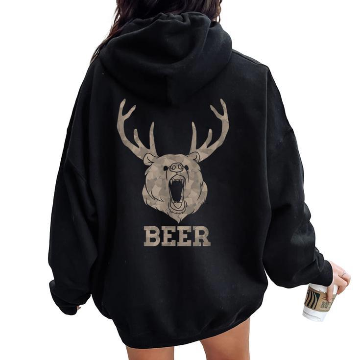 Bear Deer Beer Drinking Camo Antlers Hunting Camping Women Oversized Hoodie Back Print