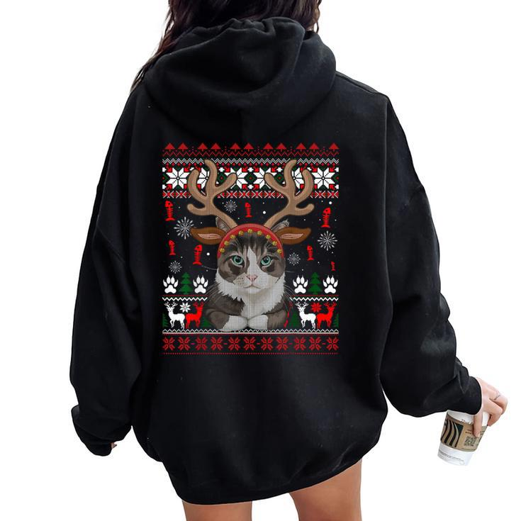 Christmas Cat Reindeer Ugly Christmas Sweater Women Oversized Hoodie Back Print