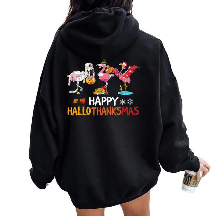 Cute Flamingo Hallothanksmas Happy Halloween Thanksgiving Women Oversized Hoodie Back Print