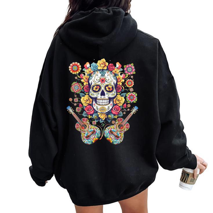 Day Of The Dead Flower Guitar Skull Dia De Los Muertos Women Oversized Hoodie Back Print