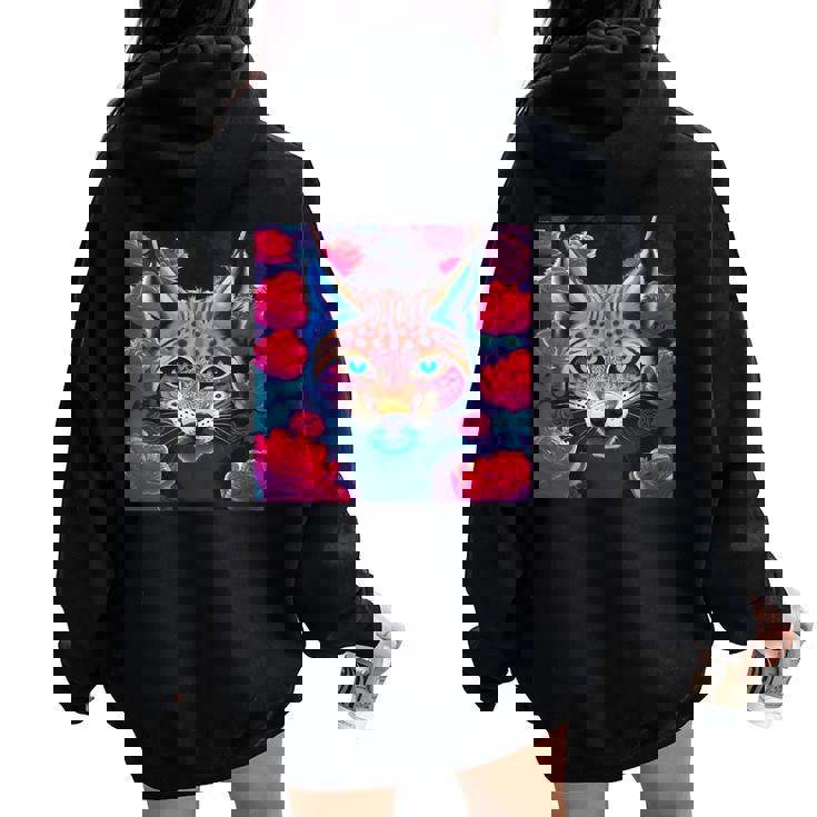 Eurasian Lynx Animal Roses Flower Pattern Graphic Women Oversized Hoodie Back Print Eurasian Lynx Animal Roses Flower Pattern Graphic Women Oversized Hoodie Back Print