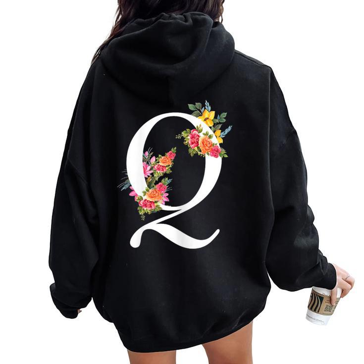 Floral Alphabet Letter First Name With Q Flower Women Oversized Hoodie Back Print