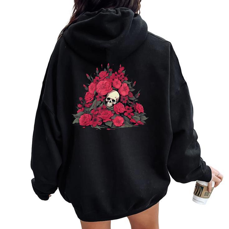 Grave With Skeleton Face And Red Roses And Plants Women Oversized Hoodie Back Print