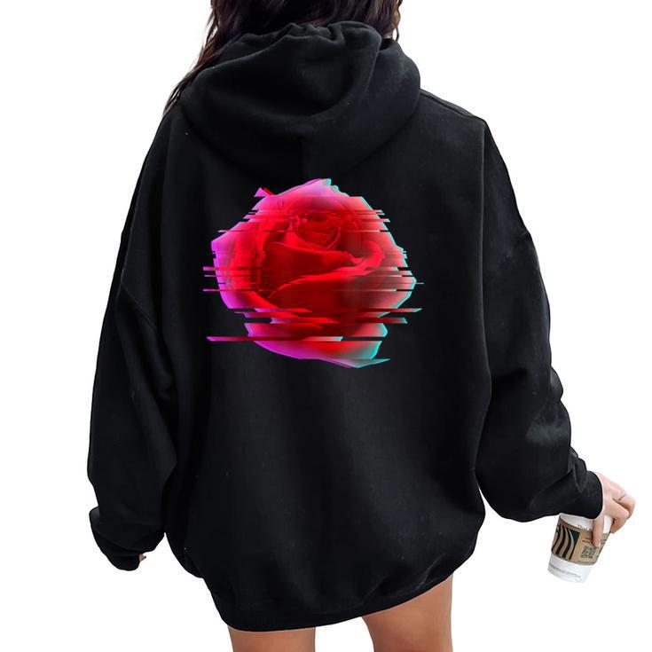 Glitch Rose Vaporwave Aesthetic Trippy Floral Psychedelic Women Oversized Hoodie Back Print