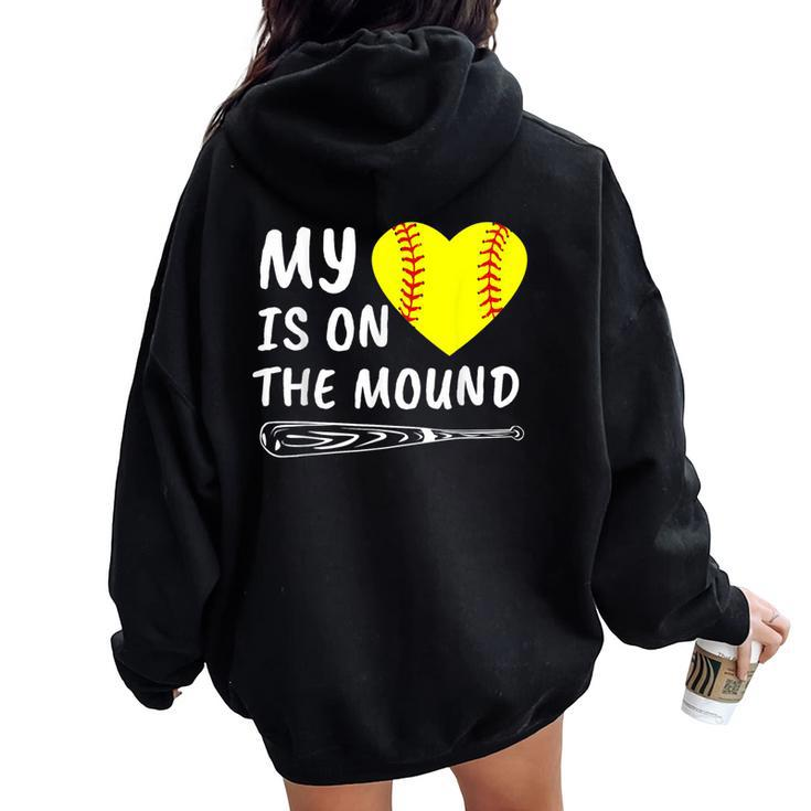 My Heart Is On The Mound Softball Bat Proud Mom Dad Women Oversized Hoodie Back Print