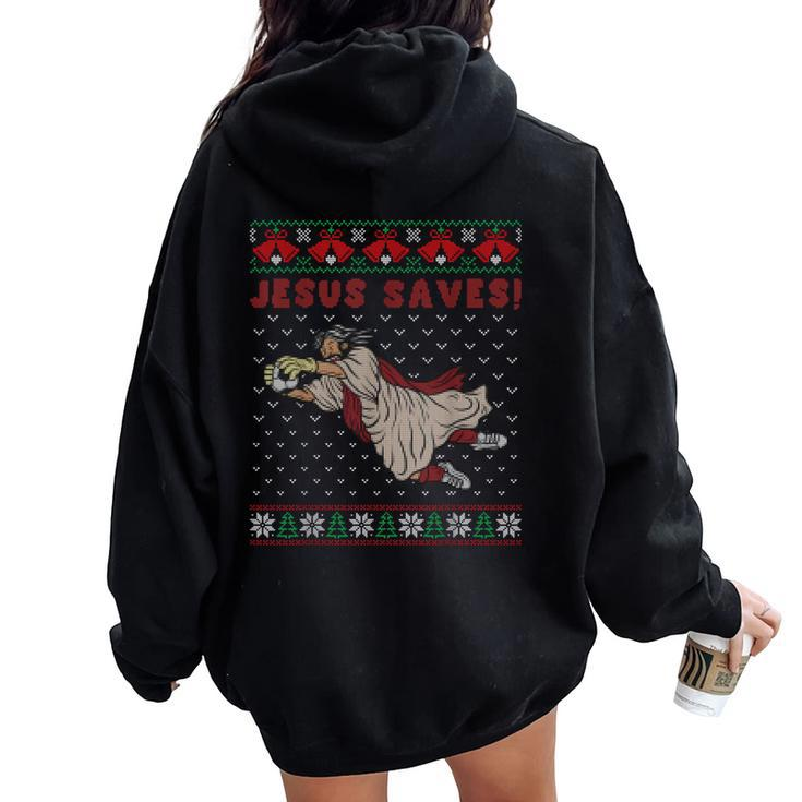 Jesus Saves Soccer Goal Keeper Ugly Christmas Sweater Women Oversized Hoodie Back Print