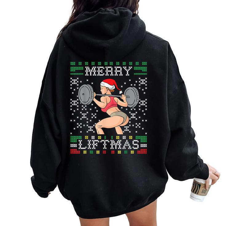Merry Liftmas Ugly Christmas Sweater Miss Santa Gym Booty Women Oversized Hoodie Back Print