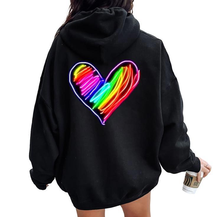 Neon Rainbow Heart Love Pride Lgbqt Rally Women Oversized Hoodie Back Print