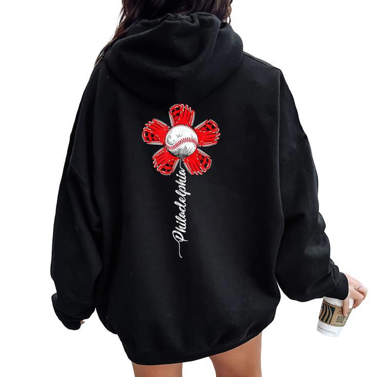 Philly Colorful Baseball Flower Souvenir I Love Philly Women Oversized Hoodie Back Print