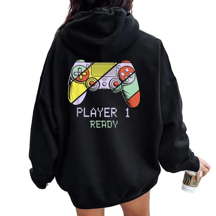Player 1 Ready Future Dad & Mom Baby Announcement Cute Women Oversized Hoodie Back Print