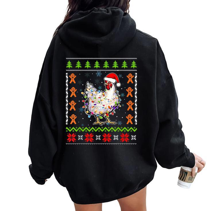 Santa Chicken Christmas Lights Ugly Sweater Chicken Women Oversized Hoodie Back Print