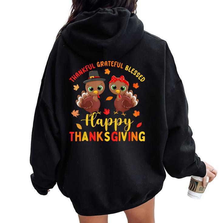 Thankful Grateful Blessed Thanksgiving Turkey Girls Women Oversized Hoodie Back Print