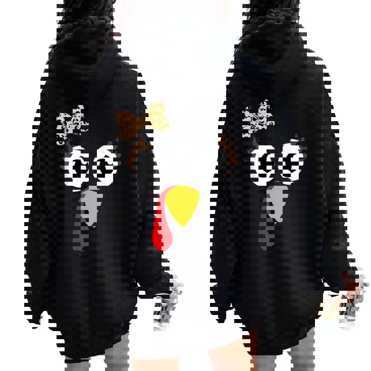 Turkey Face Girl Leopard Bow Thanksgiving Costume Turkey Women Oversized Hoodie Back Print