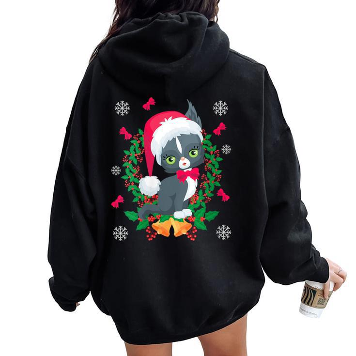 Ugly Cat Christmas Sweater With Bells Women Oversized Hoodie Back Print