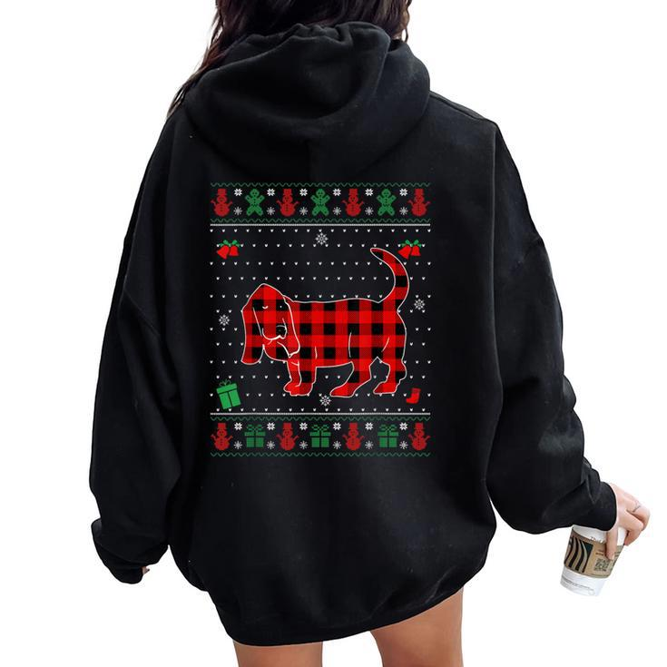 Ugly Christmas Red Plaid Basset Hound Dog Lover Matching Pj Women Oversized Hoodie Back Print