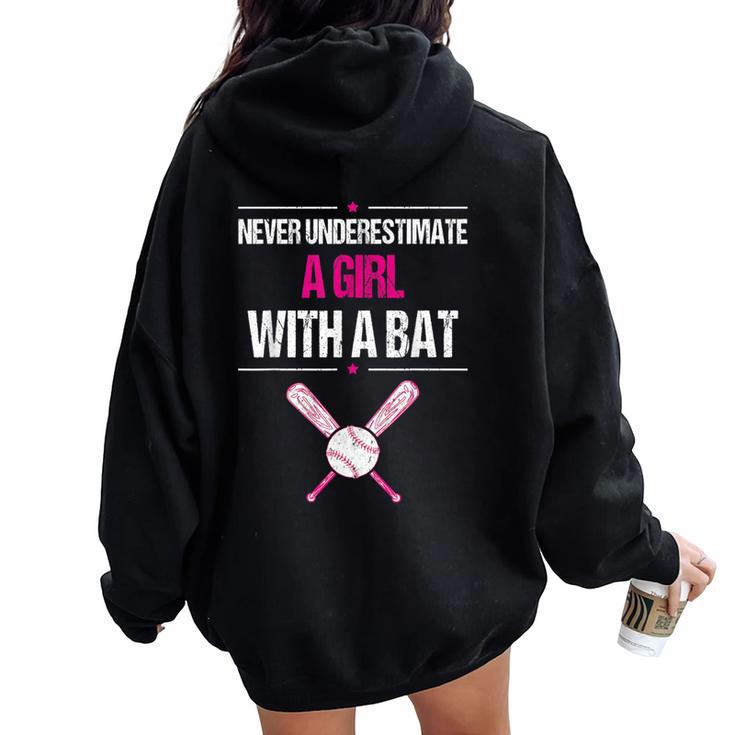 Never Underestimate A Girl With A Bat Baseball Women Oversized Hoodie Back Print