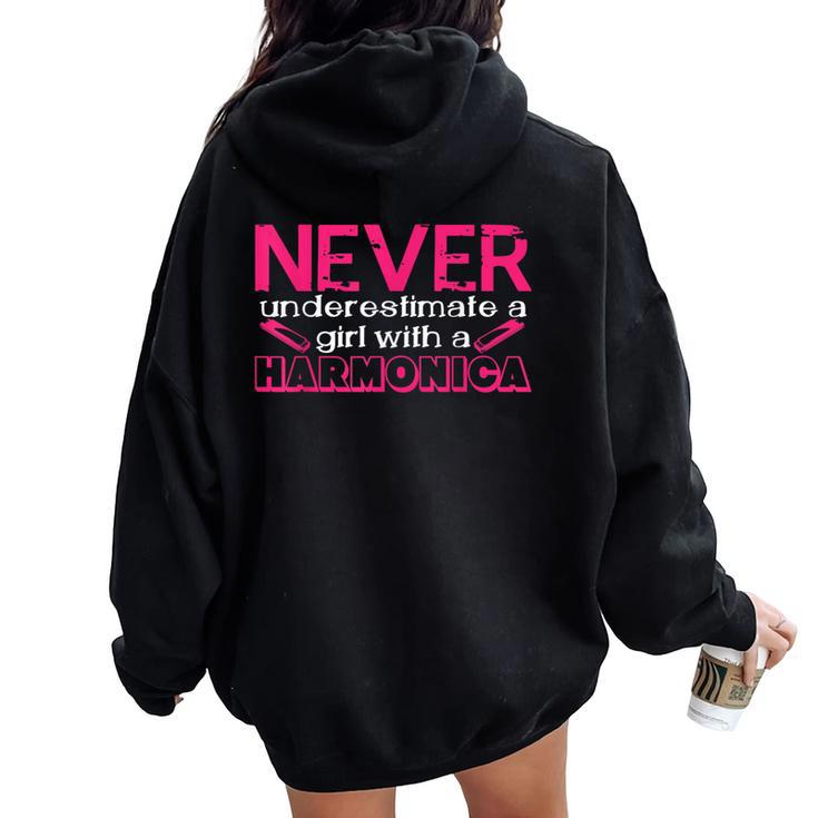 Never Underestimate A Girl With A Harmonica Musician Women Oversized Hoodie Back Print