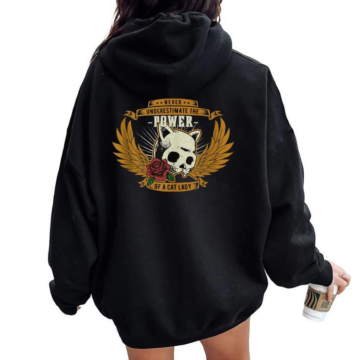 Never Underestimate The Power Of A Cat Lady Tattoo Style Women Oversized Hoodie Back Print
