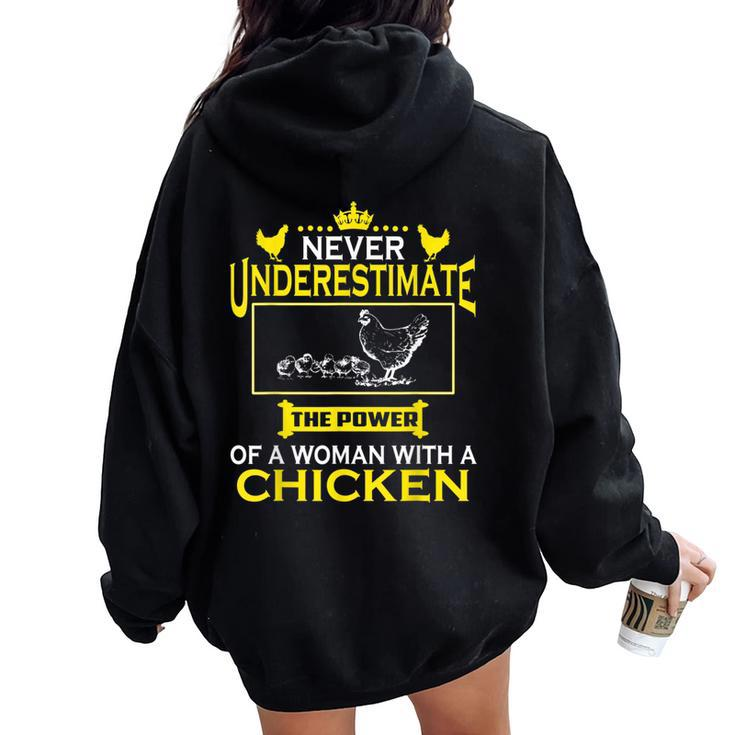 Never Underestimate The Power Of Woman With Chicken FarmerWomen Oversized Hoodie Back Print