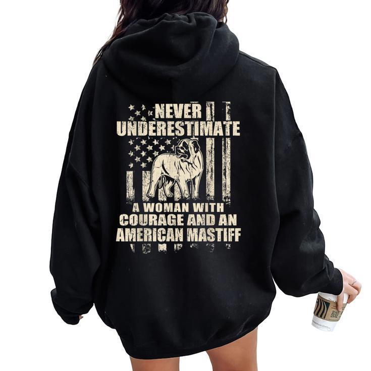 Never Underestimate Woman And An American Mastiff Usa Flag Women Oversized Hoodie Back Print