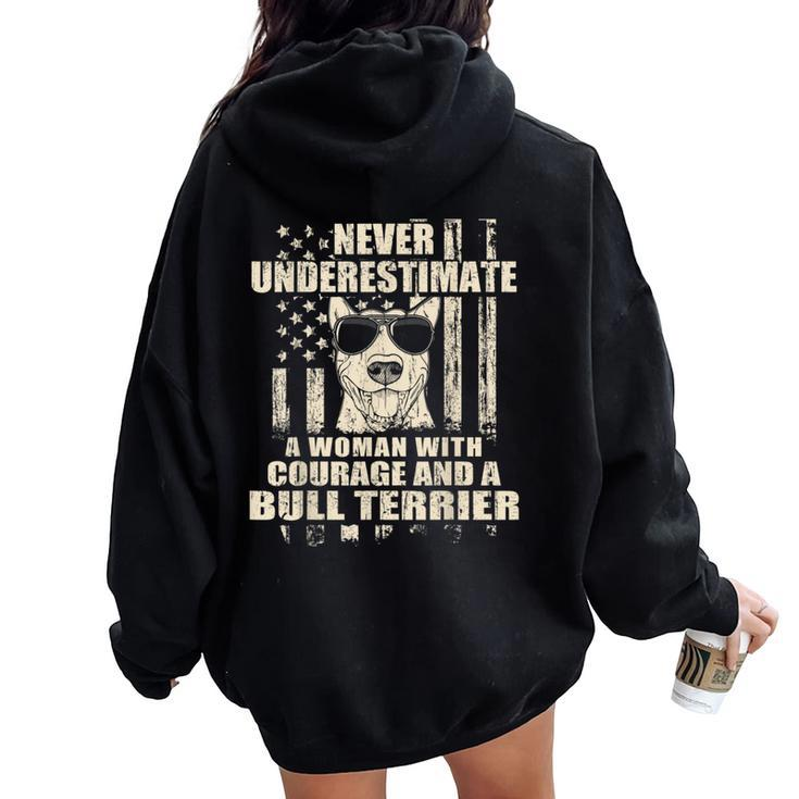 Never Underestimate Woman And A Bull Terrier Usa Flag Women Oversized Hoodie Back Print