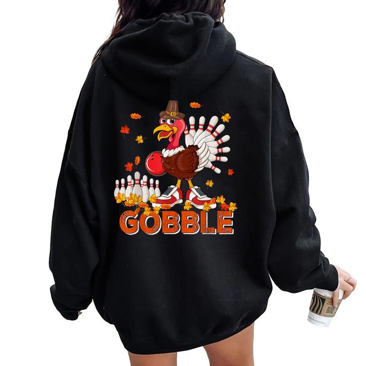 Vintage Gobble Thanksgiving Turkey Playing Bowling Player Women Oversized Hoodie Back Print