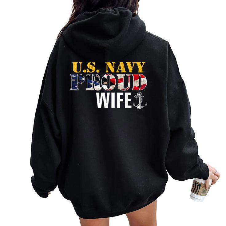 Vintage Navy Proud Wife With US American Flag Women Oversized Hoodie Back Print