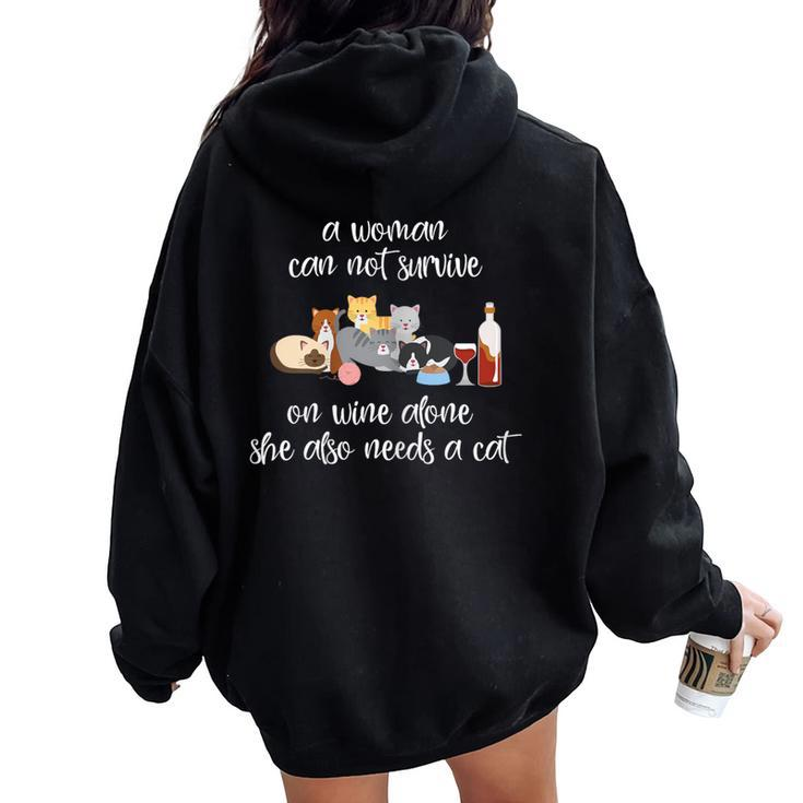 A Woman Cannot Survive On Wine Alone Cat Lover Wine Women Oversized Hoodie Back Print