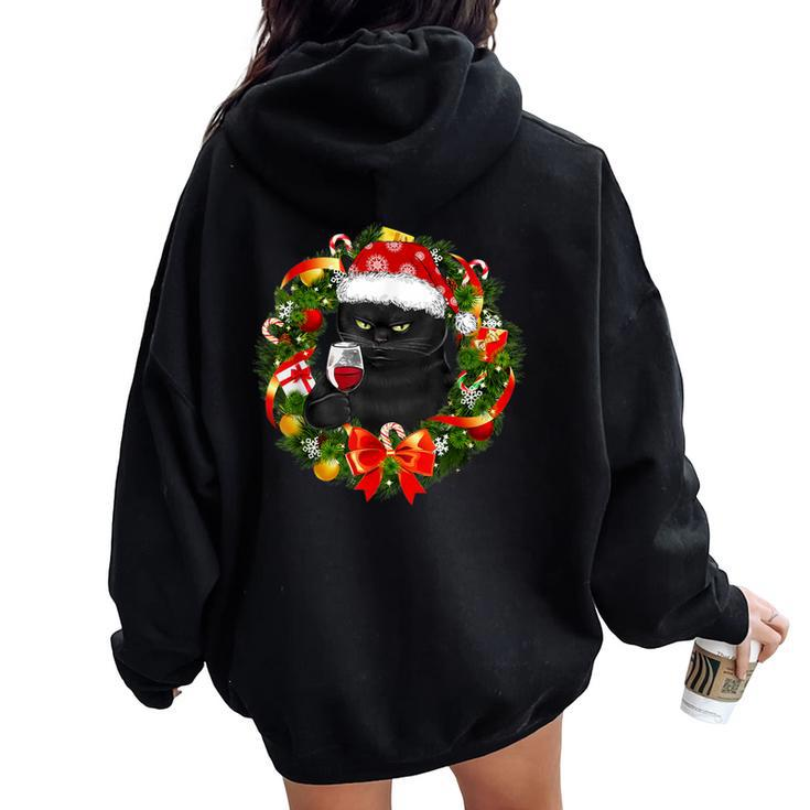 Black Cat And Wine Christmas Wreath Ornament Women Oversized Hoodie Back Print