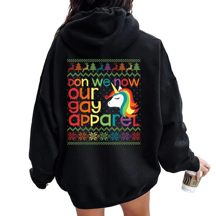 Gay Christmas Rainbow Unicorn Don We Now Our Gay Apparel Women Oversized Hoodie Back Print