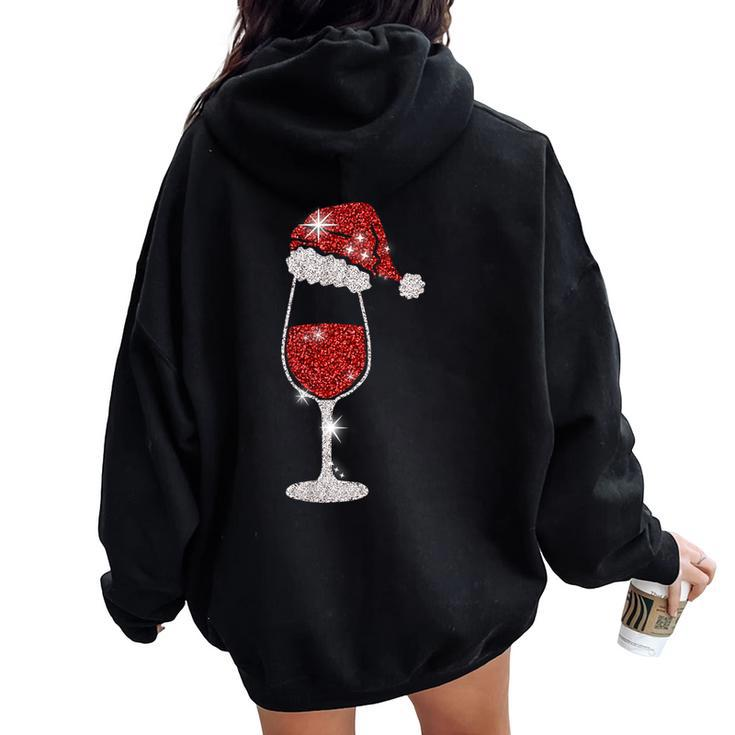 Glass Red Wine Santas Hat Xmas Clothes Pjs Outfit Christmas Women Oversized Hoodie Back Print