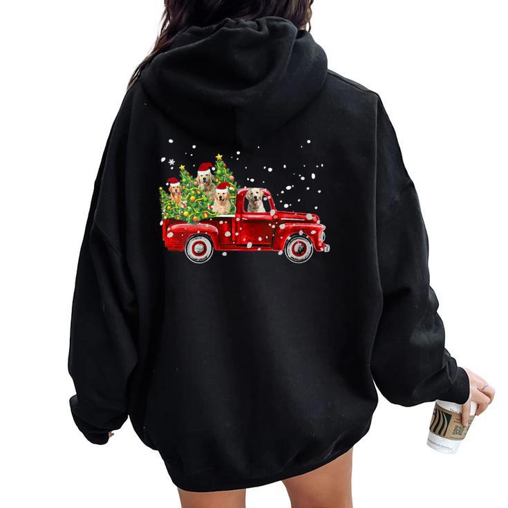 Golden Retriever Lover Red Truck Christmas Pine Tree Women Oversized Hoodie Back Print
