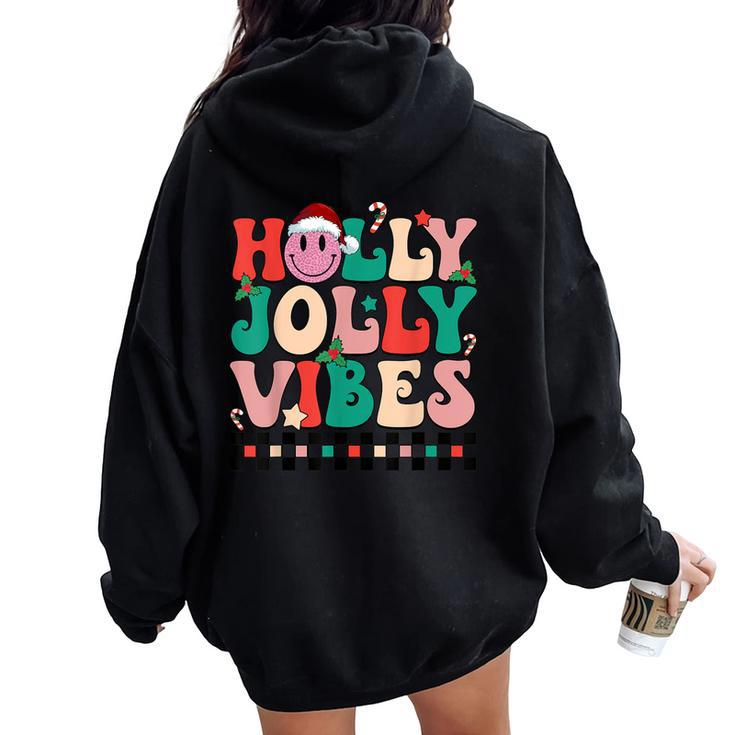 Groovy Retro Holly Xmas Jolly Teacher Christmas Vibes Hippie Women Oversized Hoodie Back Print