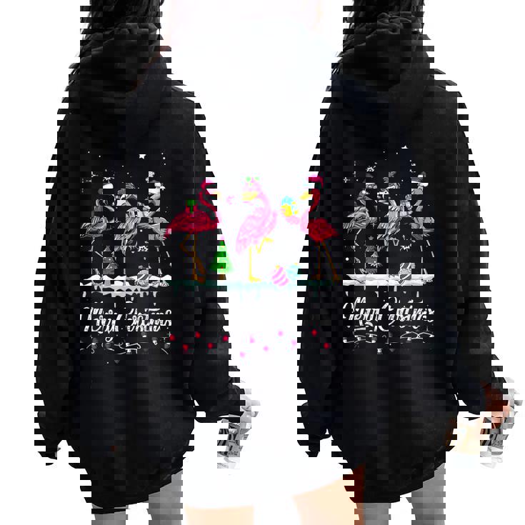 Merry Christmas Hat Santa Flamingo Snow Xmas Pajamas Women Oversized Hoodie Back Print