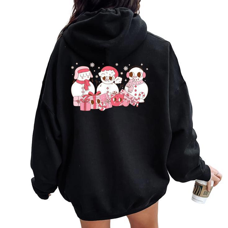 Pink Christmas Snowman Groovy Chillin With My Snowmies Pjs Women Oversized Hoodie Back Print