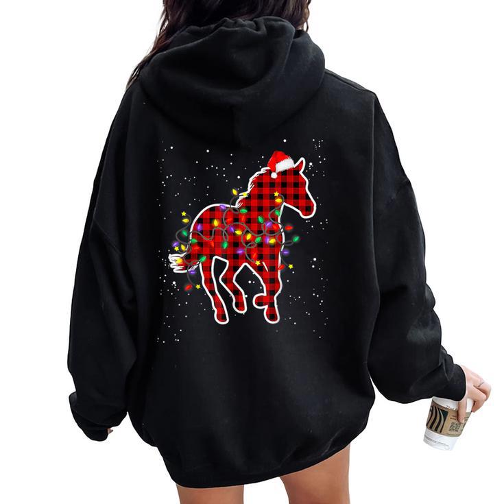 Red Buffalo Plaid Horse Christmas Pajamas Xmas Lights Family Women Oversized Hoodie Back Print