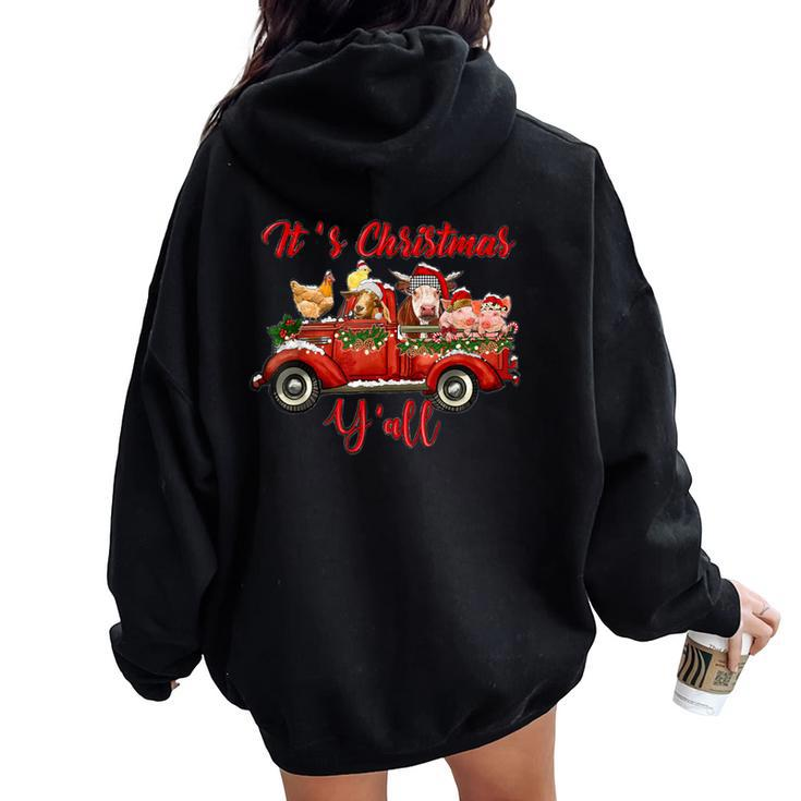 Red Farm Truck Farm Animal Farmer Girl It's Christmas Y'all Women Oversized Hoodie Back Print