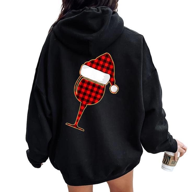 Red Plaid Wine Cup And Christmas Santa Hat Women Oversized Hoodie Back Print